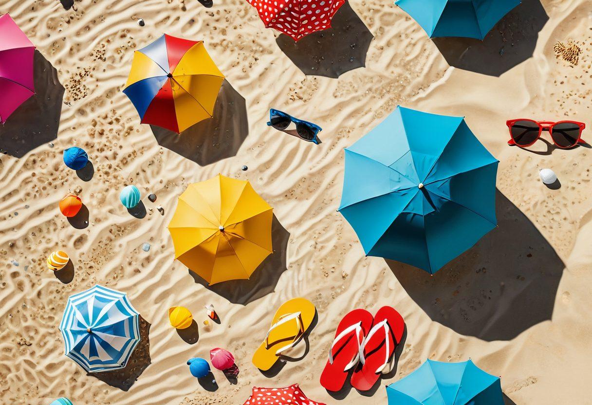 A vibrant summer scene featuring a colorful beach umbrella, stylish swimwear laid out on a sandy beach, and essential accessories like sunglasses, a beach hat, and flip-flops. In the background, crystal-clear waves gently lap against the shore, with people enjoying the sun in the distance. Include playful elements like beach balls and seashells scattered around. super-realistic. vibrant colors. bright sunny atmosphere.
