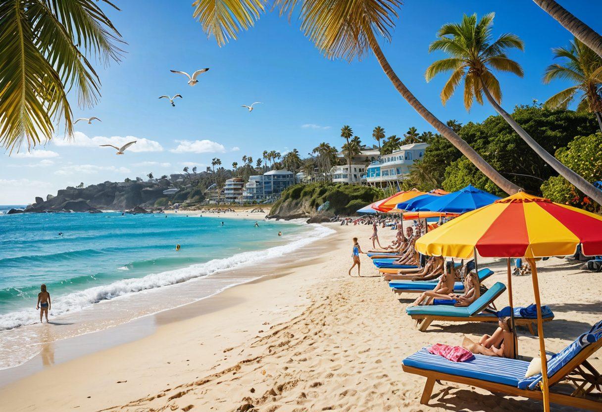 A sun-soaked beach scene featuring diverse models showcasing the hottest bikini trends of 2023, with vibrant beachwear essentials scattered around. Include colorful beach umbrellas, surfboards, and palm trees swaying in the breeze. Capture the fun atmosphere with playful seagulls flying overhead and people enjoying summer activities. Ensure bright colors and a lively summer vibe. super-realistic. vibrant colors. sunny backdrop.