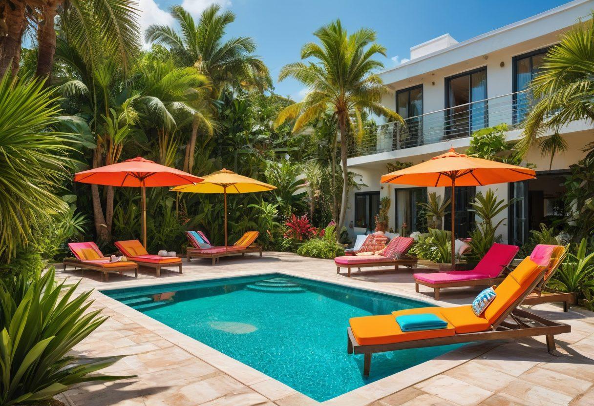 A stylish beach scene showcasing a diverse group of fashionable individuals wearing vibrant swimwear and trendy poolside attire. Include colorful beach umbrellas, a glistening pool with people lounging on chic sunbeds, and tropical plants in the background. Capture the essence of summer fun and style. super-realistic. bright colors. sunny atmosphere.
